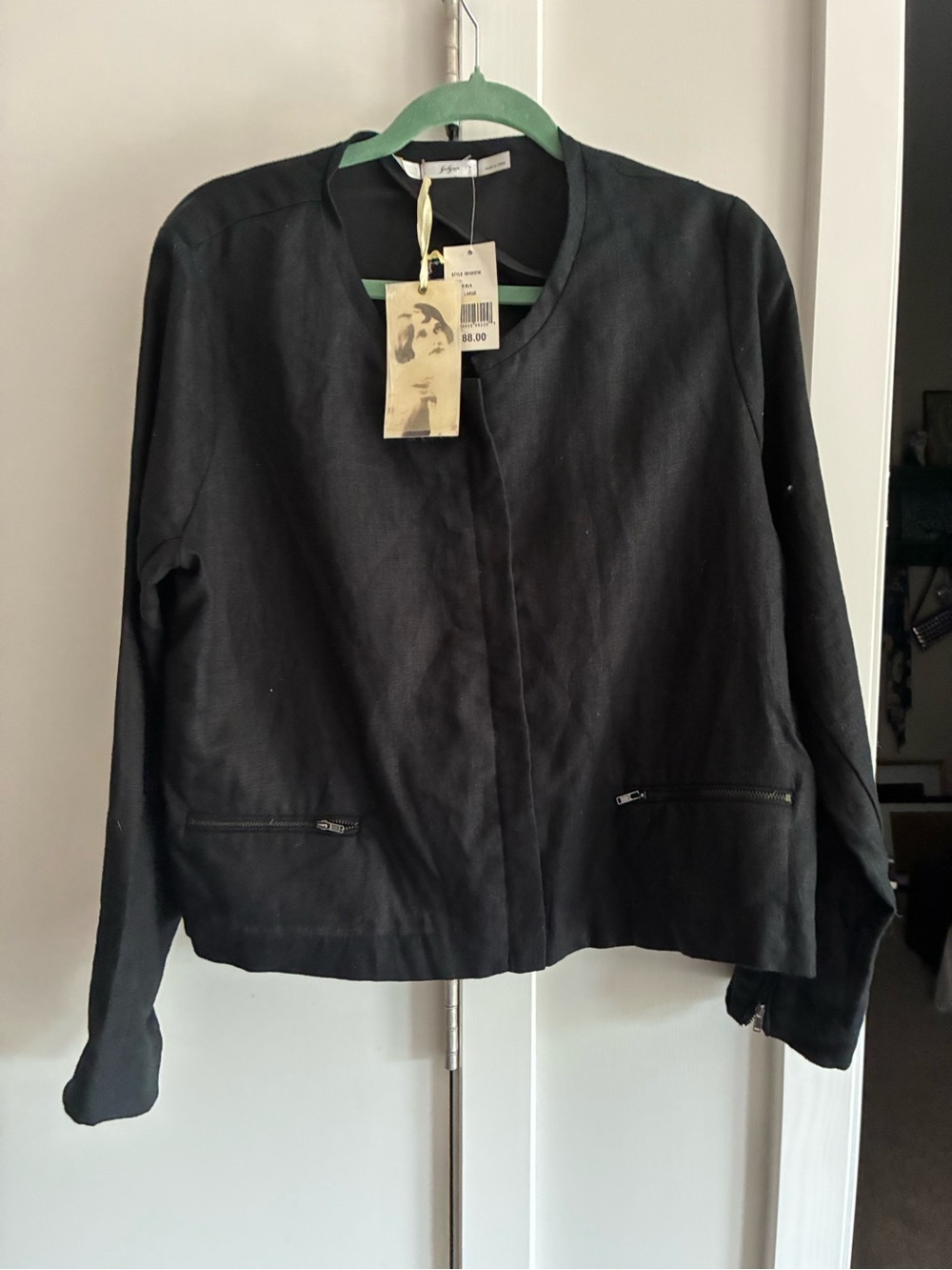 Gibson Black Linen Collarless Zip-Pocket Jacket